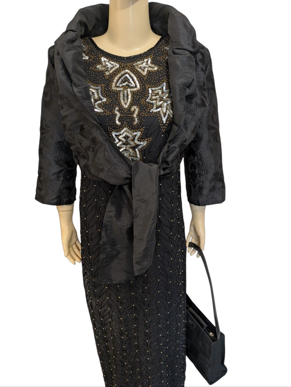 Vintage Hand Beaded Silk Cocktail Dress + Puli Evening Jacket, FREE Shoulder Bag